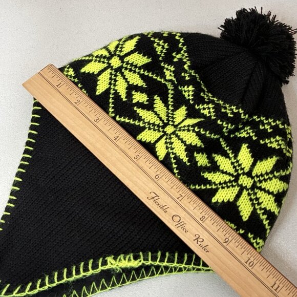 Nordic Knit Hat Black Green Pom Pom Bobble One Size Winter Grunge - Picture 8 of 10
